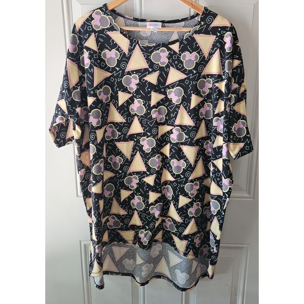 LuLaRoe Disney Irma Minnie Mouse Bow Geometric Tunic Top XL Black Pink Yellow